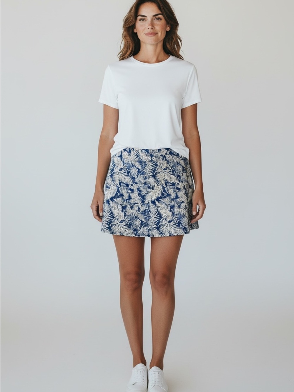 Tranquility by Colorado Clothing Navy Mini Skirt with Cream Palm Print